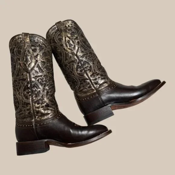 Lucchese Snowflake Brown and Gold Cowboy Boots with Intricate Detailing Size 10 - Picture 2 of 16